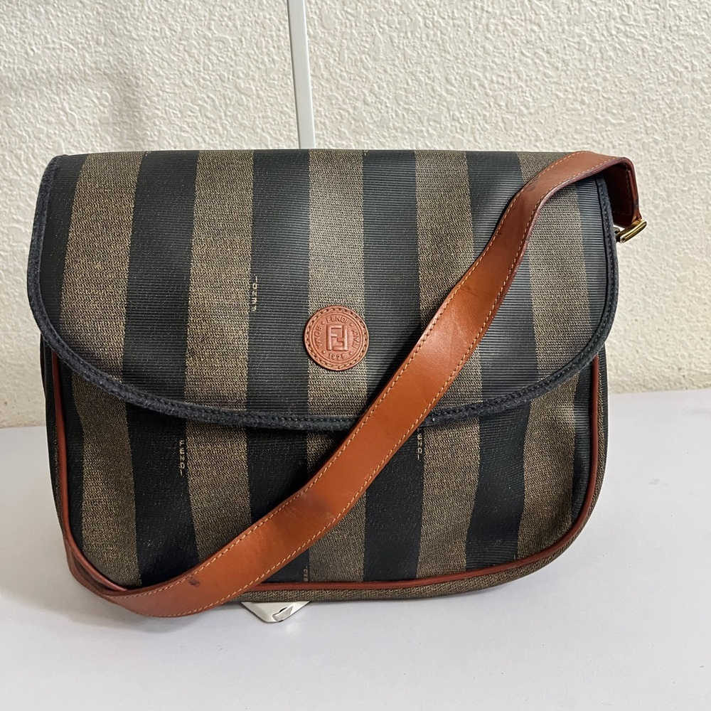 Fendi Vintage Pequin Striped Crossbody Bag with Leather Trim